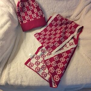 Michael Kors Burgundy and White Logo Beanie and Scarf Set